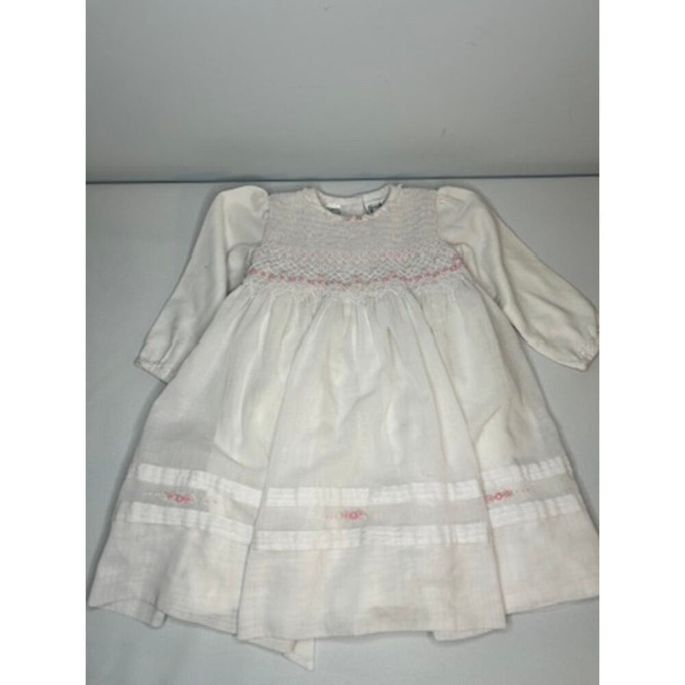 Sarah Louise Baby Smocked Dress White Pink Roses Christening Heirloom 6-12M